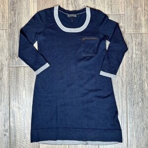 Rag‎ & Bone Knit Dress XS Navy Blue Gray Trim Long Sleeve Mini Casual